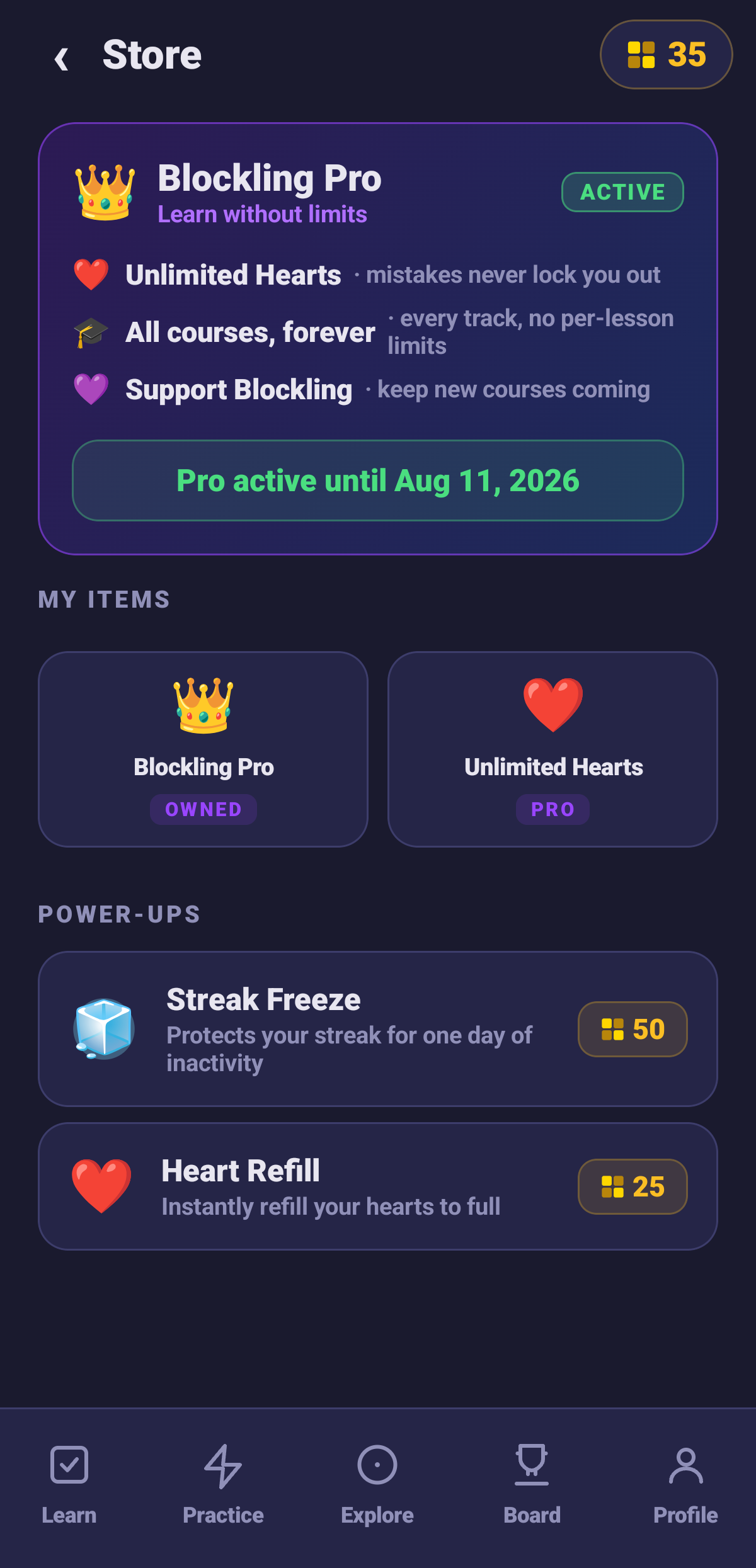 The in-app store: spend BlockBits on streak freezes and heart refills